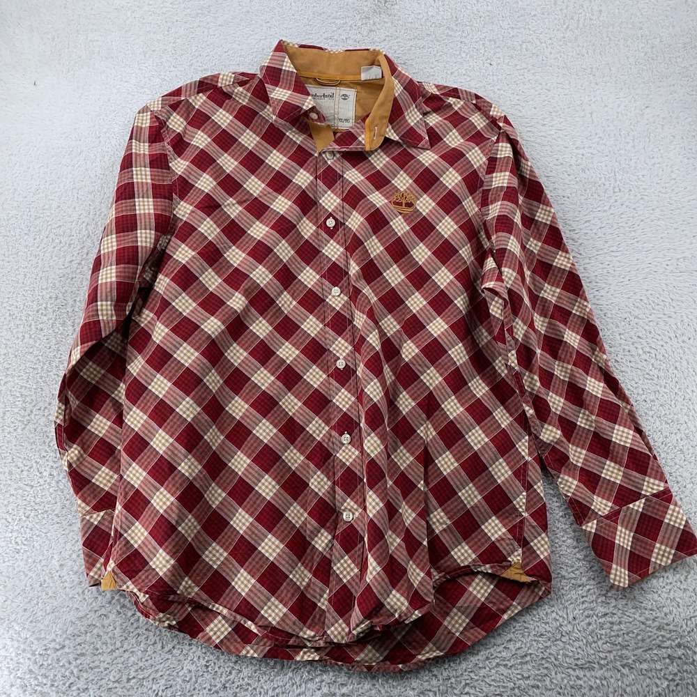 Timberland Shirt Mens XL Red Plaid Contrast Collar Button Down L/S Tree Logo‎